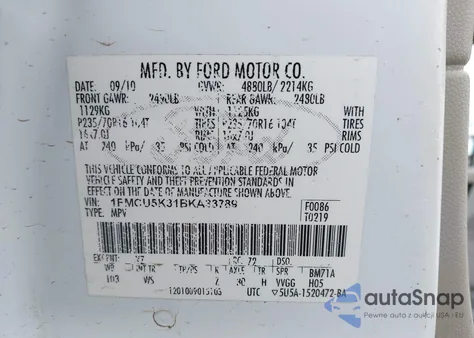 2011 Ford Escape Hybrid z USA, uszkodzony, nr VIN 1FMCU5K31BKA33789